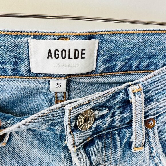 Agolde Distressed knees ankle high rise slim legs jeans, blue, Size 25 M50 - Picture 7 of 13